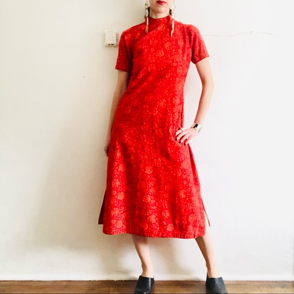 90s VTG Cotton Orange Indian Floral Handblock Printed Summer Dress Size Small - Picture 7 of 8